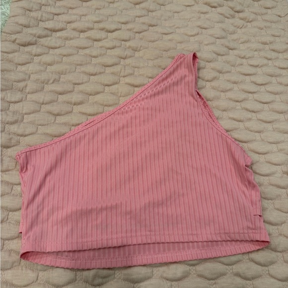 Pink One-Shoulder Ribbed Crop Top - Picture 2 of 2